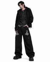 Black cargo jeans for men with baggy wide-leg fit, white graphic detail, and side utility pockets shown in front and back view.