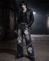 TRIPPPRS Death Skull studded unisex gothic wide-leg black denim pants with skull graphics and metal studs