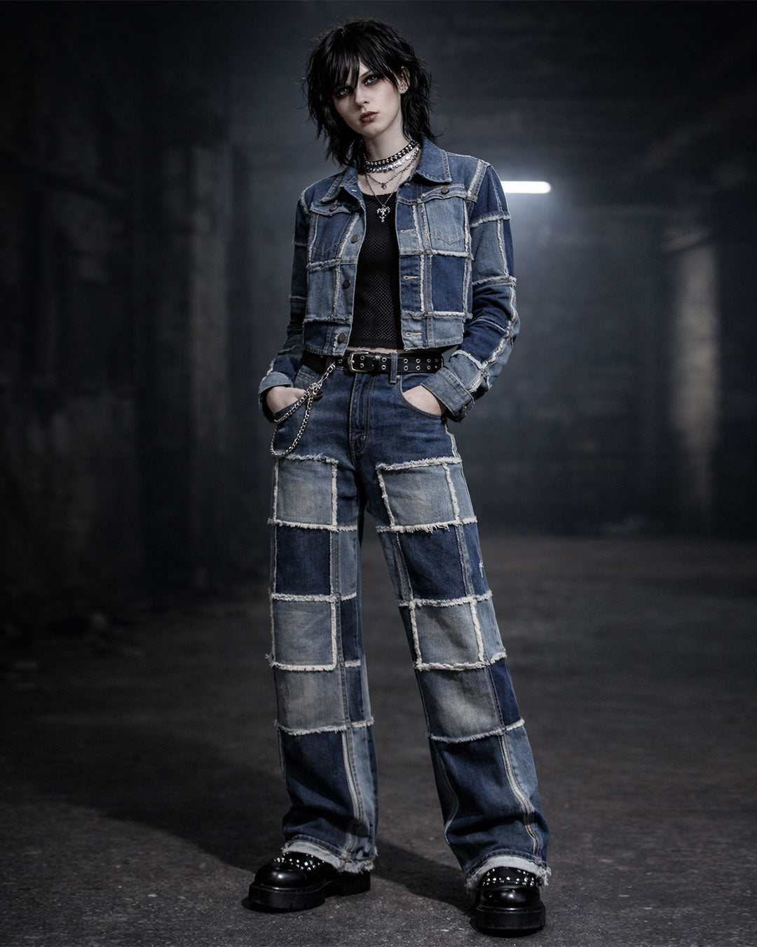 Unisex patch work denim suite featuring a cropped jacket and wide-leg pants with raw-edge stitching and contrast panels in gothic streetwear style.