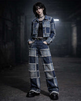 Patch work denim suite with cropped jacket and wide leg pants in gothic streetwear style
