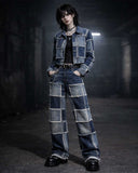 Patch work denim suite with cropped jacket and wide leg pants in gothic streetwear style