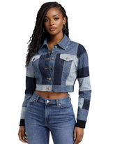 Women Short Patchwork Denim Jacket