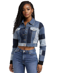 Women Short Patchwork Denim Jacket Cropped Blue Streetwear Style