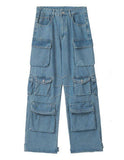 Denim Multi-Pocket Tooling Pants – Gothic Punk Strap Flare Jeans with Zippers & Grommets