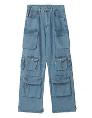 Denim Multi-Pocket Tooling Pants – Gothic Punk Strap Flare Jeans with Zippers & Grommets