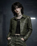 Green leather gothic wide leg streetwear suit with cropped jacket and deep olive faux leather finish