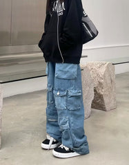 Denim Multi-Pocket Tooling Pants – Gothic Punk Strap Flare Jeans with Zippers & Grommets