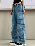 Denim Multi-Pocket Tooling Pants – Gothic Punk Strap Flare Jeans with Zippers & Grommets