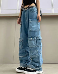 Denim Multi-Pocket Tooling Pants – Gothic Punk Strap Flare Jeans with Zippers & Grommets