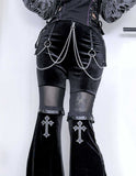 ROMWE Goth velvet and mesh pants with cross embroidery and metal chains for women