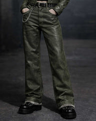 Gothic green leather suite with wide-leg trousers and cropped jacket streetwear set