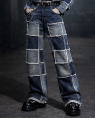 Unisex patch work denim suite with gothic wide-leg pants and cropped jacket in streetwear style