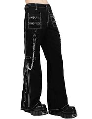 Modern Gothic wide leg night pants with white stitch edging and black gothic design