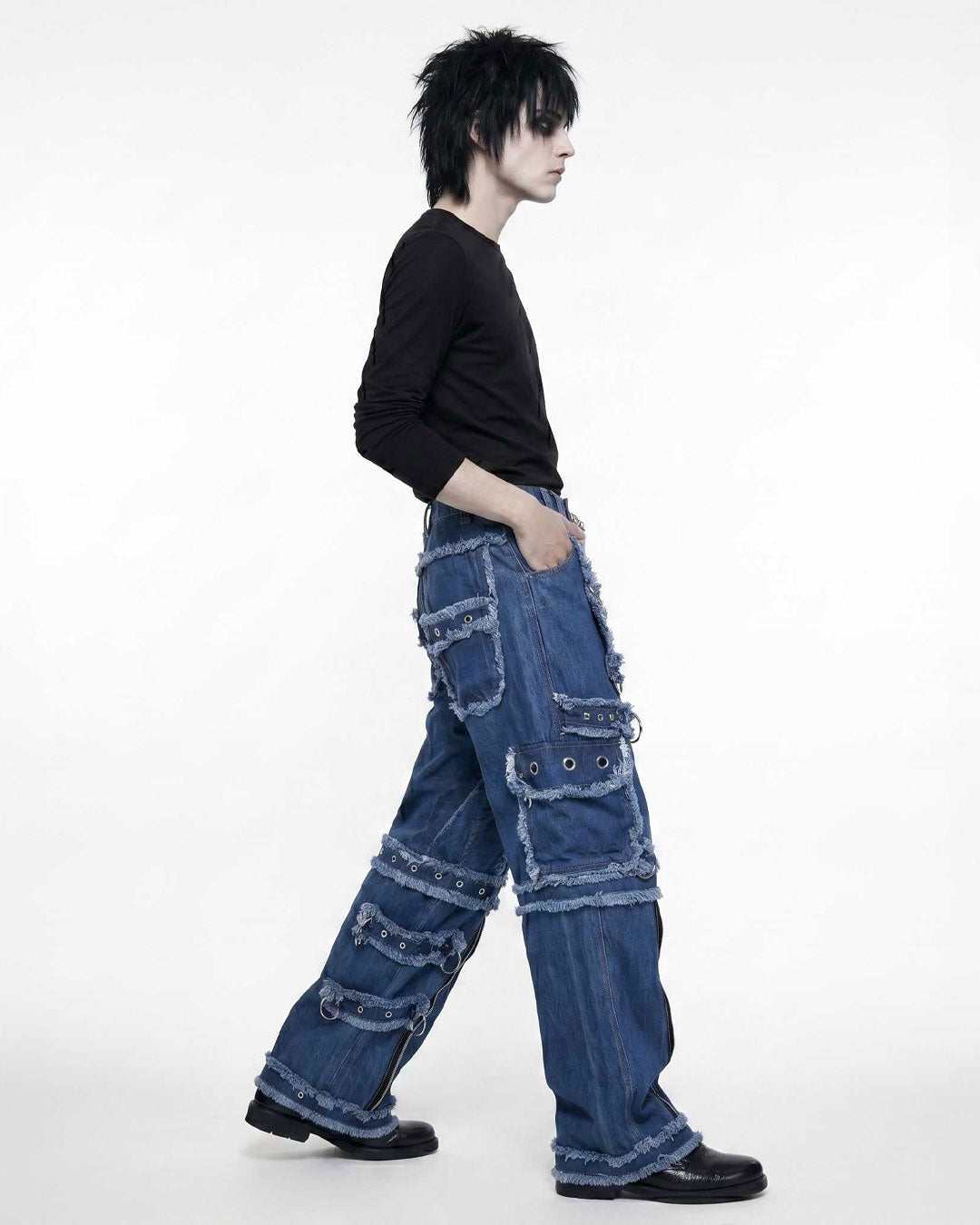 Y2K Distressed Black Denim Cargo Pants