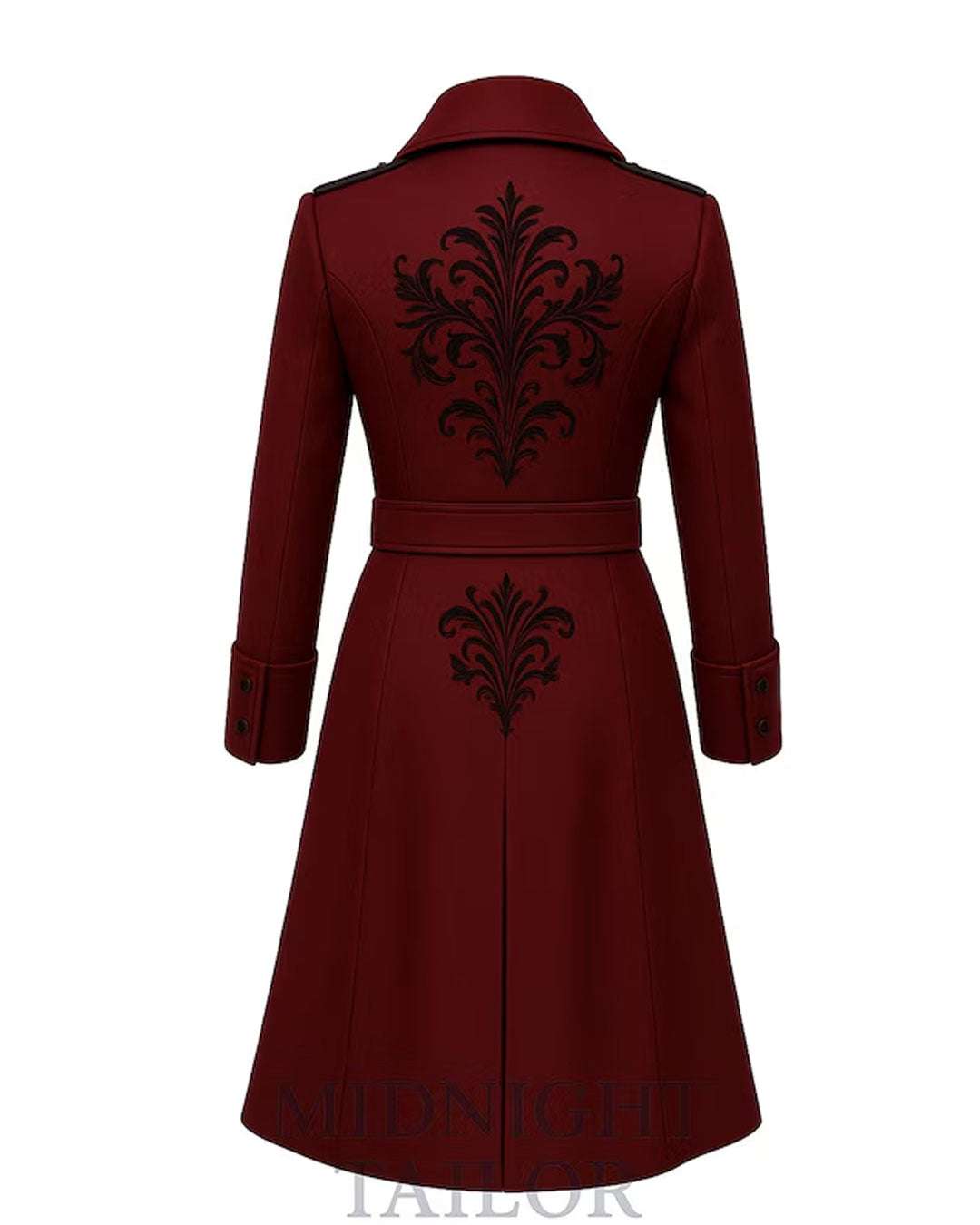 Men’s Blood Red Gothic Leather Trench Coat with black embroidery and tailored silhouette