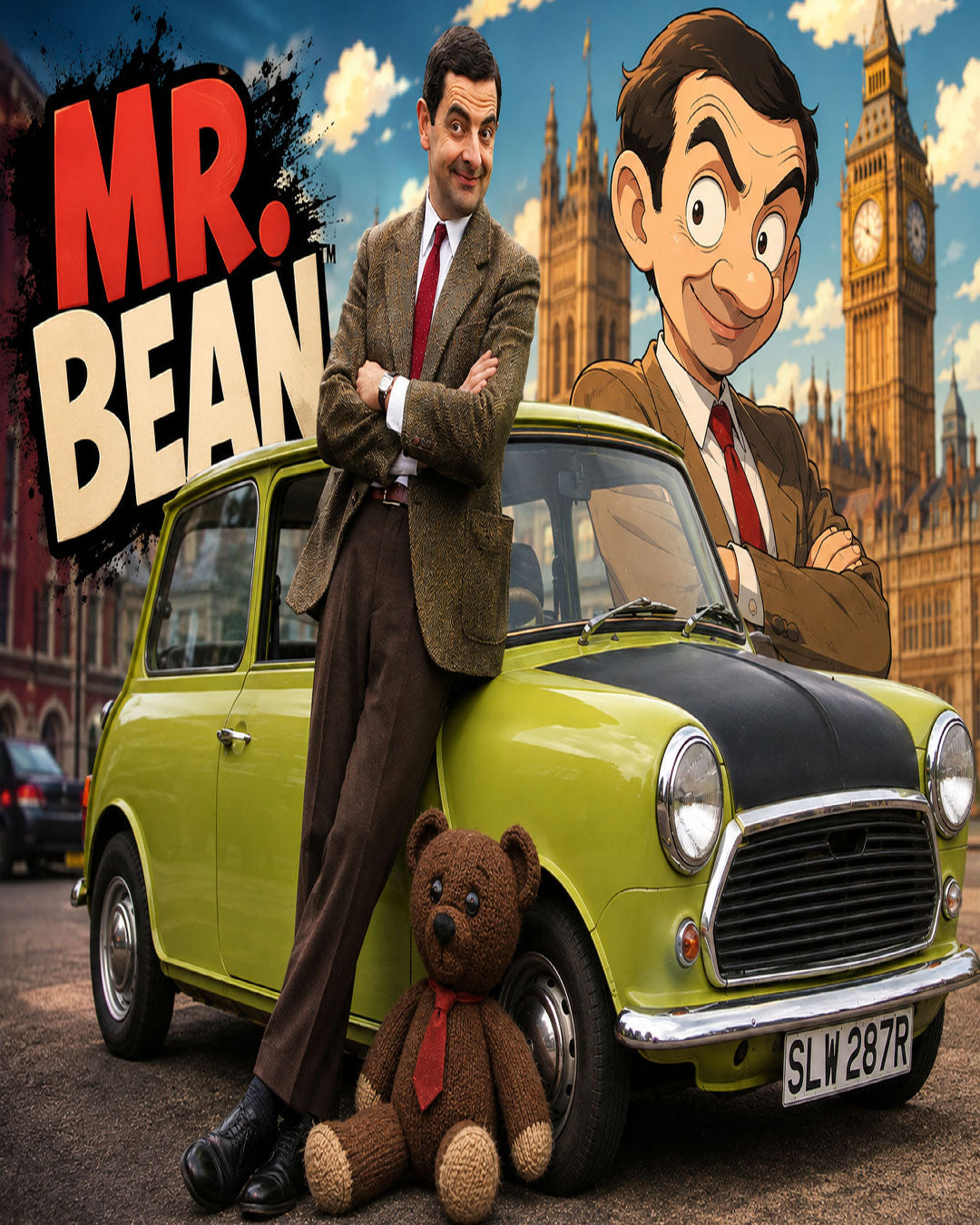 A stylized promotional poster-style image featuring Mr. Bean leaning on a lime green and black Mini car, with a large teddy bear at the front, Big Ben and London buildings in the background, and a smaller Mr.