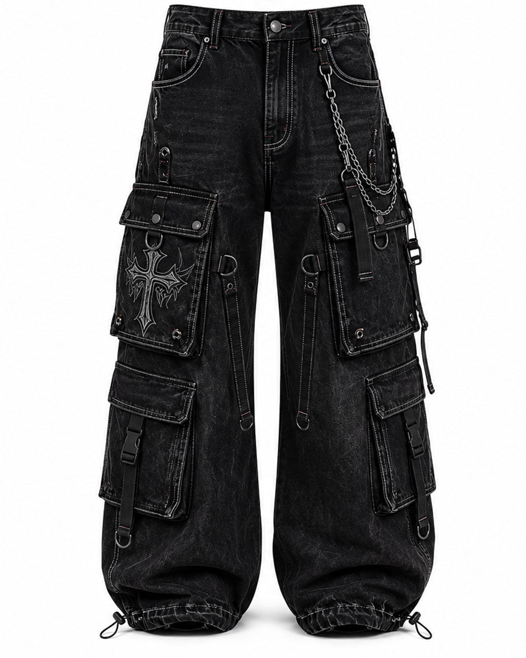 Black gothic baggy cargo pants with utility pockets front view