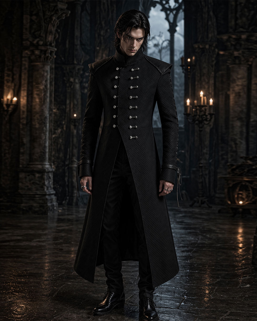 black long trench coat mens luxury gothic outfit