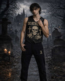 Deathless Skull Leather Vest with gothic skull and roses design in black faux leather streetwear style
