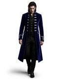 men’s blue velvet gothic coat front view long tailored fit