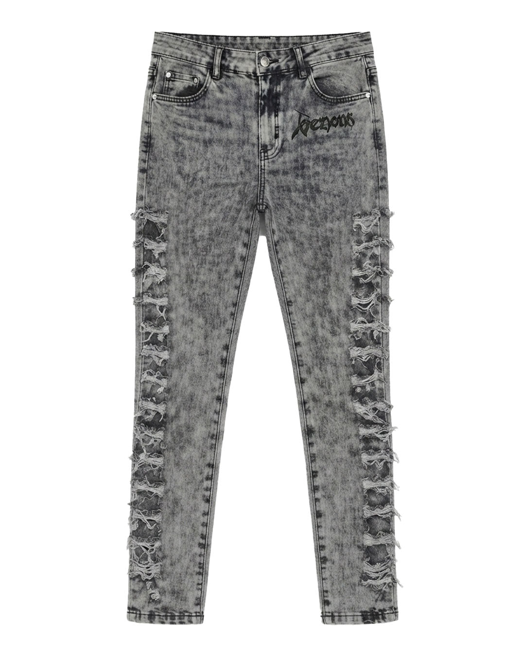 Grey acid wash distressed skinny jeans women with heavy shredded rips on thighs and Venom graphic print
