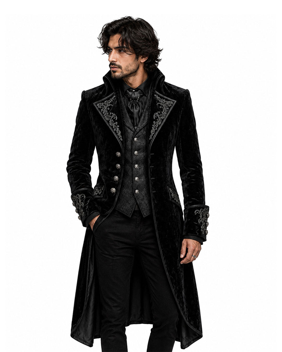 Men’s Victorian gothic black velvet coat with embroidered lapels, decorative buttons, high collar, and long tailcoat silhouette, front view