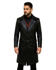 men's black gothic fashion leather trench coat with double-breasted buttons and tailored fit