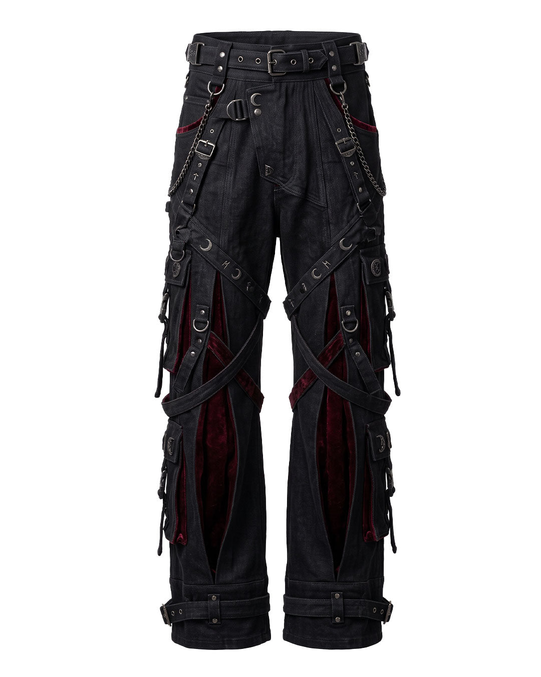Gothic pants product shot with cross straps, buckles and red velvet panels

