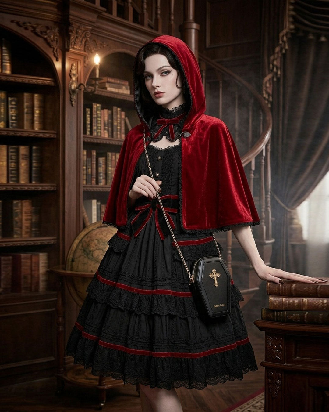 Gothic red riding hood Halloween costume set with dress cape and bag