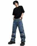 Patchwork Embroidered Wide Leg Denim Jeans
