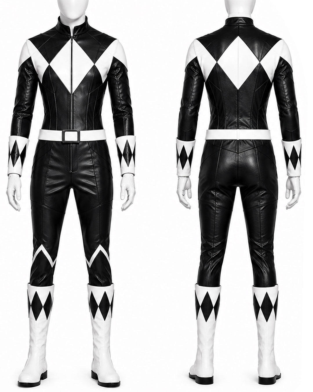 Black and white power ranger-style bodysuit and matching pants shown on a mannequin from the front and back, with white boots featuring black diamond patterns.