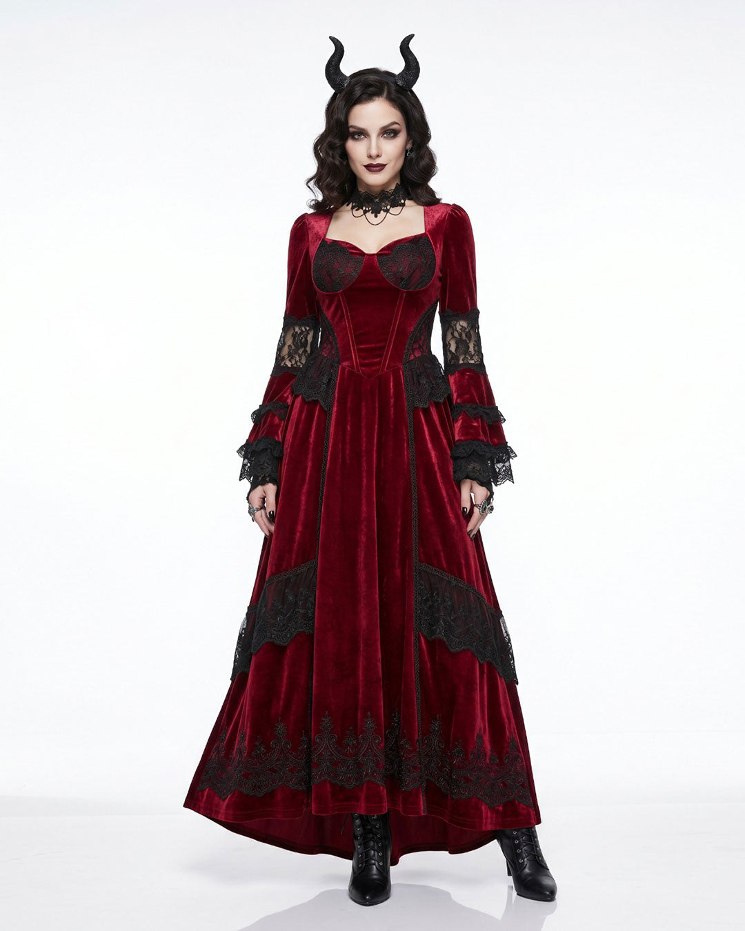 Crimson Horn Gothic Devil Halloween Costume Dress front view in red velvet with black lace