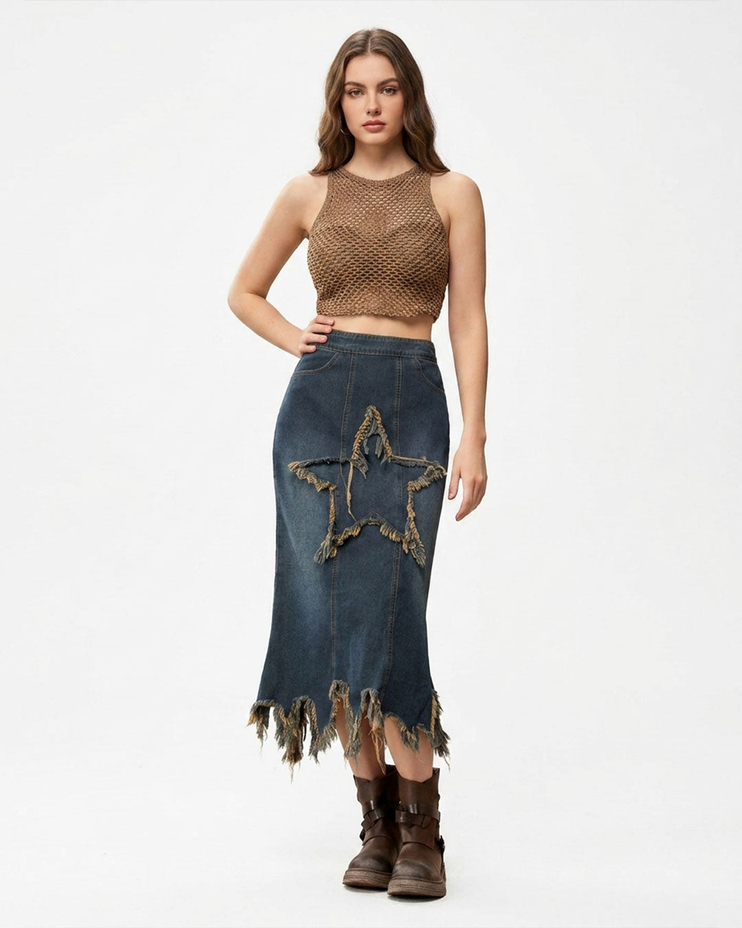Women Patchwork Decorative Denim Skirts Hot Washed Korean Style High Street Y2K  Fashion