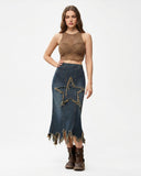 Women Patchwork Decorative Denim Skirts Hot Washed Korean Style High Street Y2K  Fashion