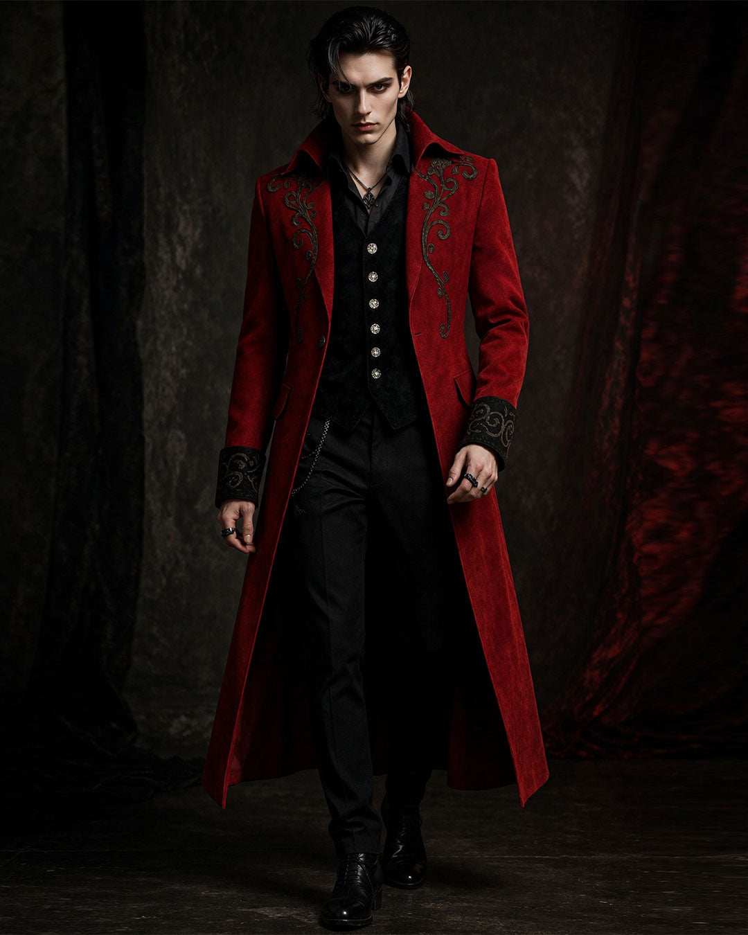 Men’s maroon velvet gothic tailcoat with Victorian design for gothic fashion lovers
