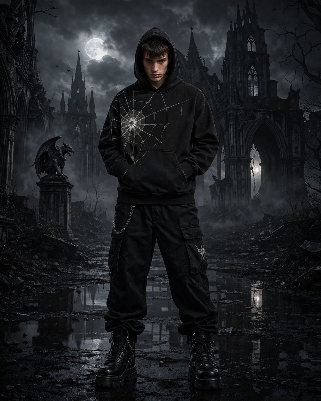 Unisex Gothic Spider Web Hoodie – Black Streetwear Pullover