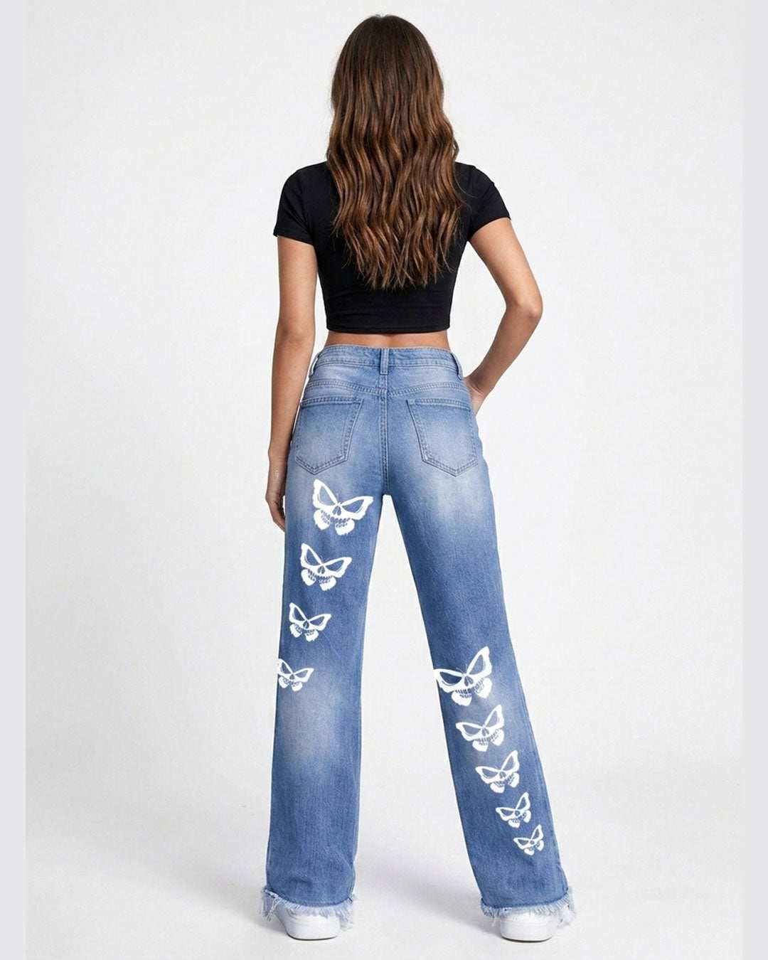 Trippprs Women Heart Print distressed wide-leg jeans with heart and butterfly graphics