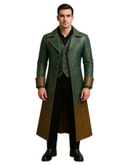 Vintage Green Brown Leather Trench Coat full-length gothic dual-tone overcoat with wide lapel collar and antique bronze buttons