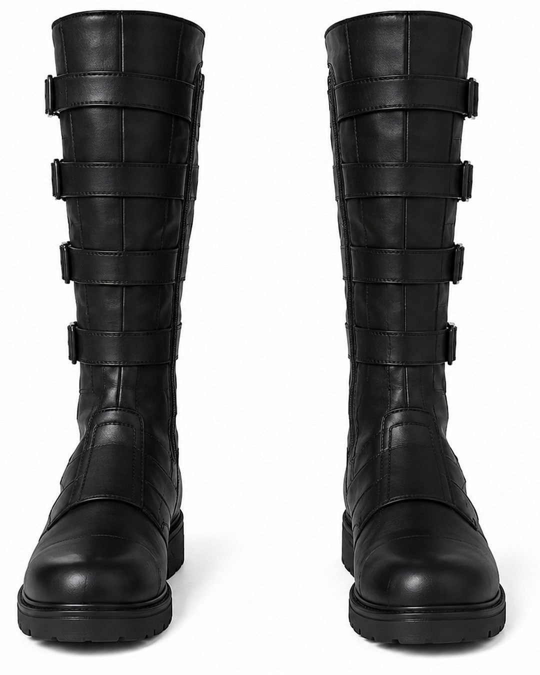 A pair of black leather knee-high boots with multiple horizontal strap details on the shaft, shown from a front-facing perspective against a plain white background.