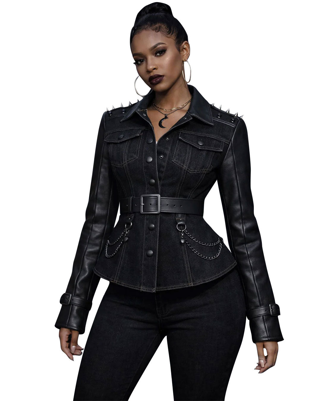 Black punk leather jacket for women with cinched belt waist and chain accents