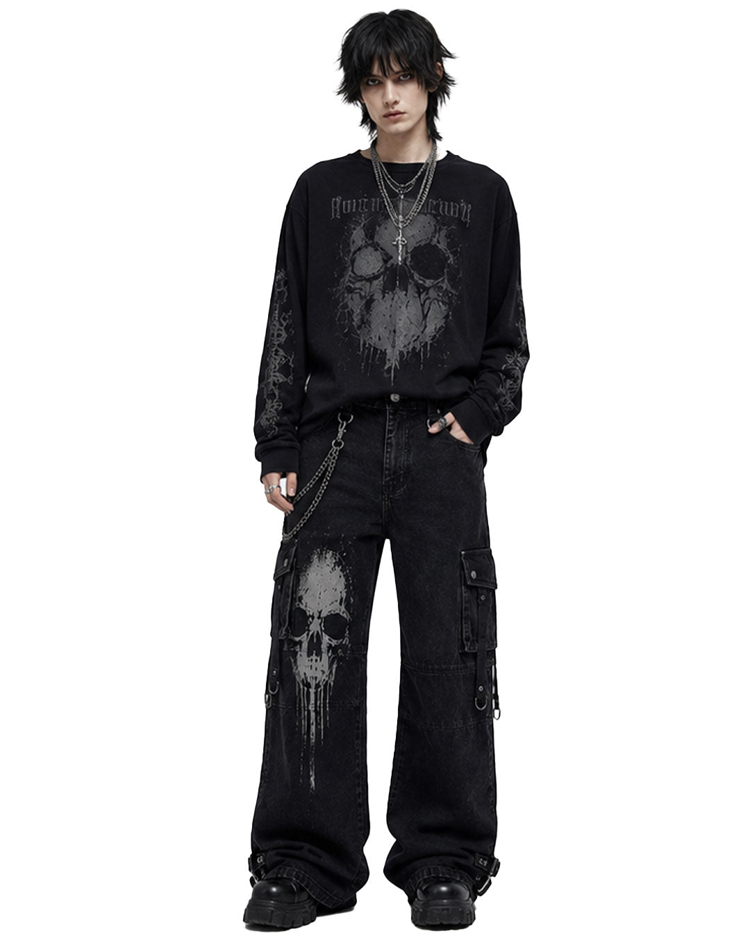 Gothic cargo pants men black skull print wide leg jeans, front view