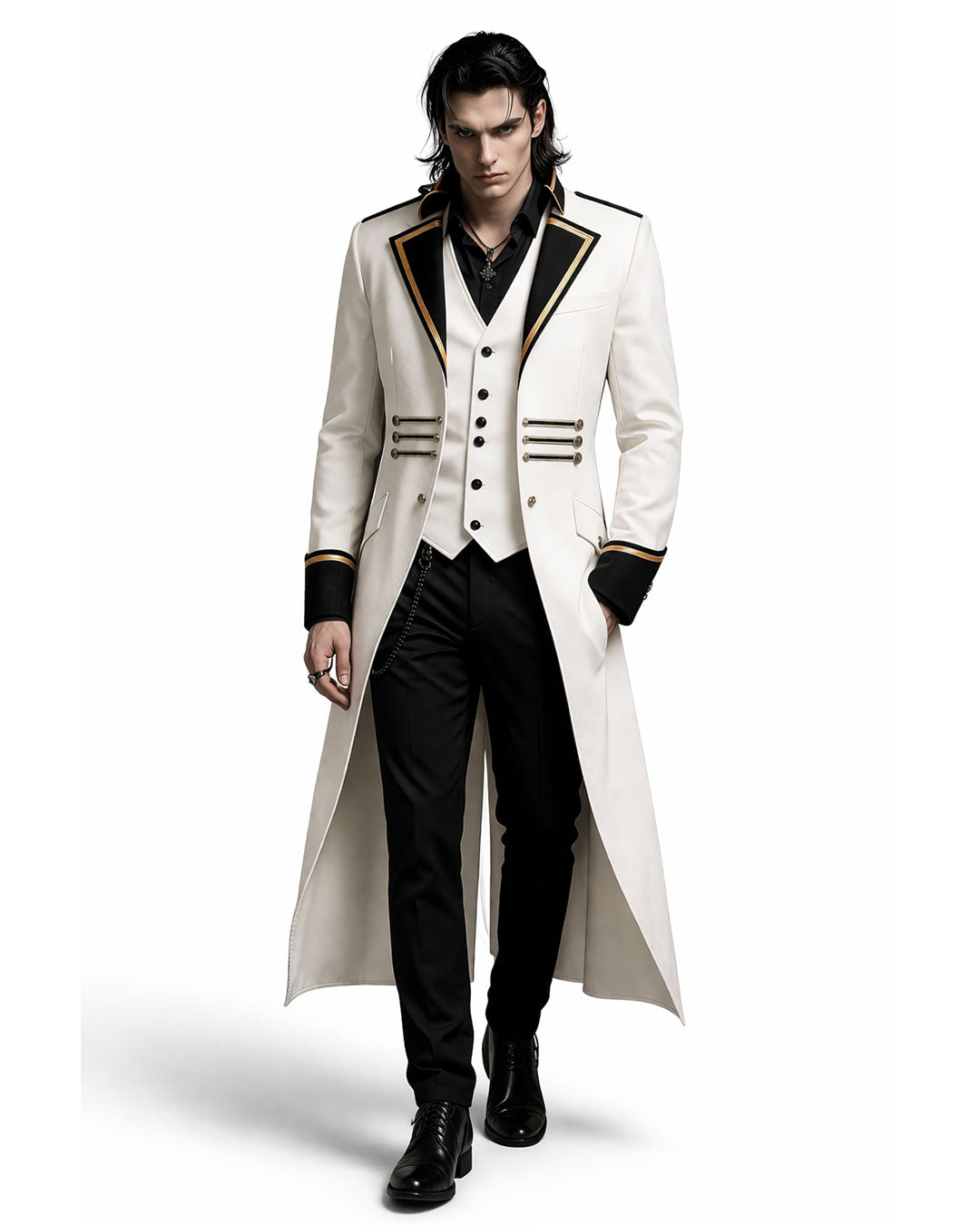 gothic long coat mens white trench coat men luxury tailored front view