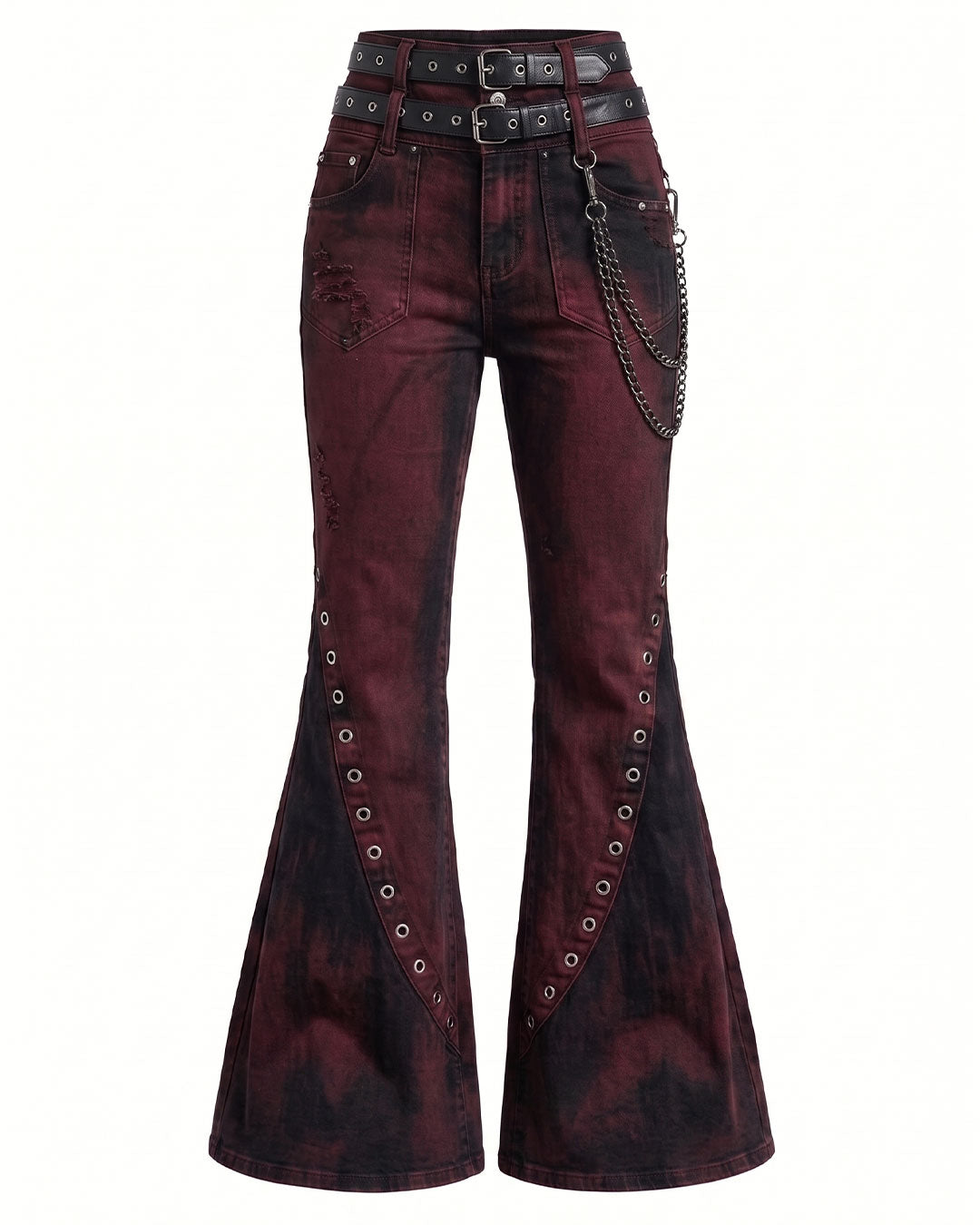 Flare pants women gothic bell bottom jeans front view flat lay without model
