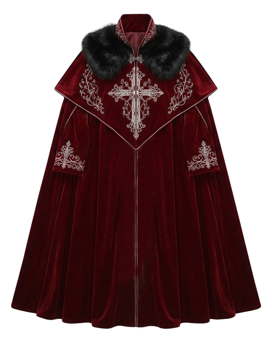 Men’s deep-red fur cloak with black collar, silver cross embroidery, high neckline and floor-length Gothic costume design.