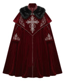 Men’s deep-red fur cloak with black collar, silver cross embroidery, high neckline and floor-length Gothic costume design.