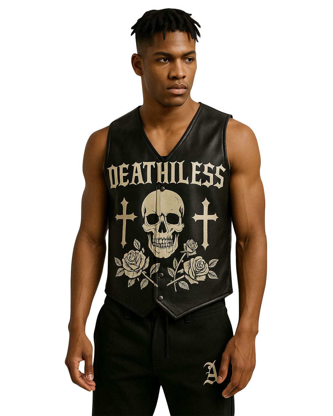 Deathless Skull Leather Vest with gothic skull, roses, and cross graphics on black faux leather worn by male model