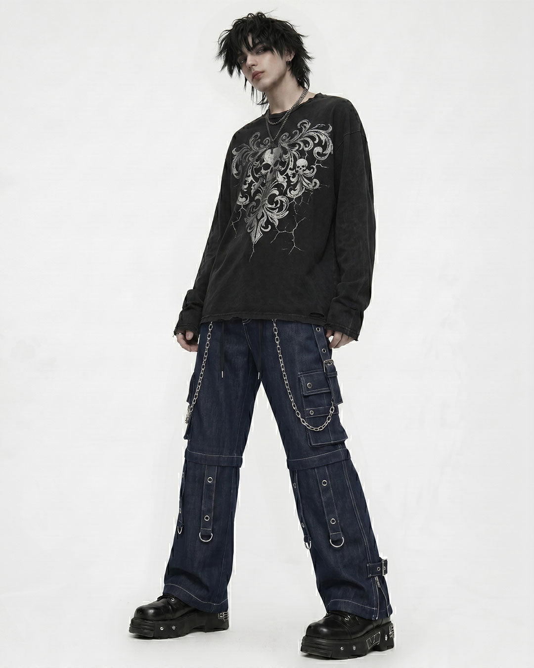 Unisex Convertible Gothic Punk Cargo Pants with Straps, Chains & Zippers