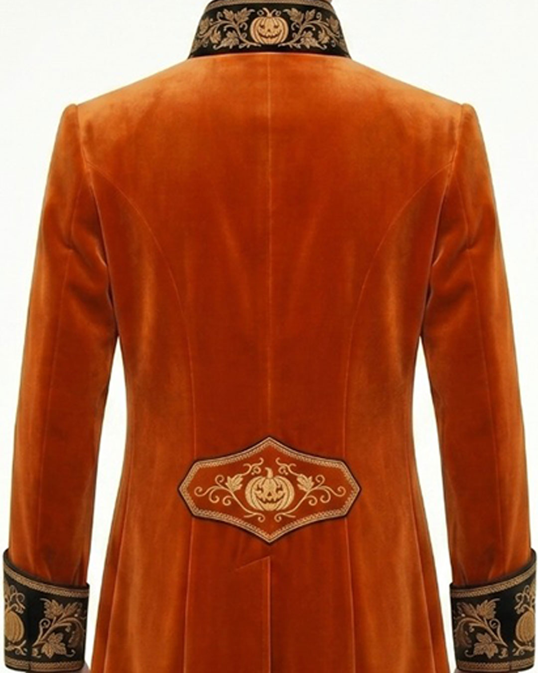 Mens orange coat with black and gold embroidered lapel, cuffs, and long Victorian gothic tailcoat design shown on male model