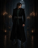 Black velvet jacquard Punk Rave men's spiked studded leather jacket with asymmetrical zipper
