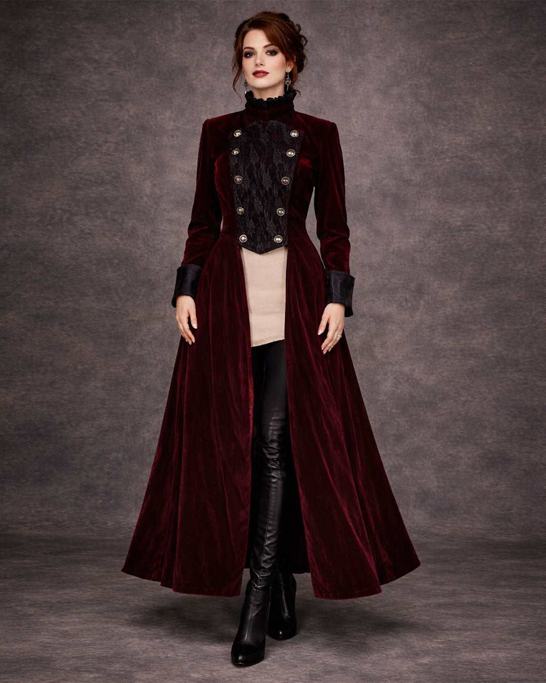 Wine red gothic velvet Victorian tailcoat jacket for women with double-breasted buttons and dramatic lapels